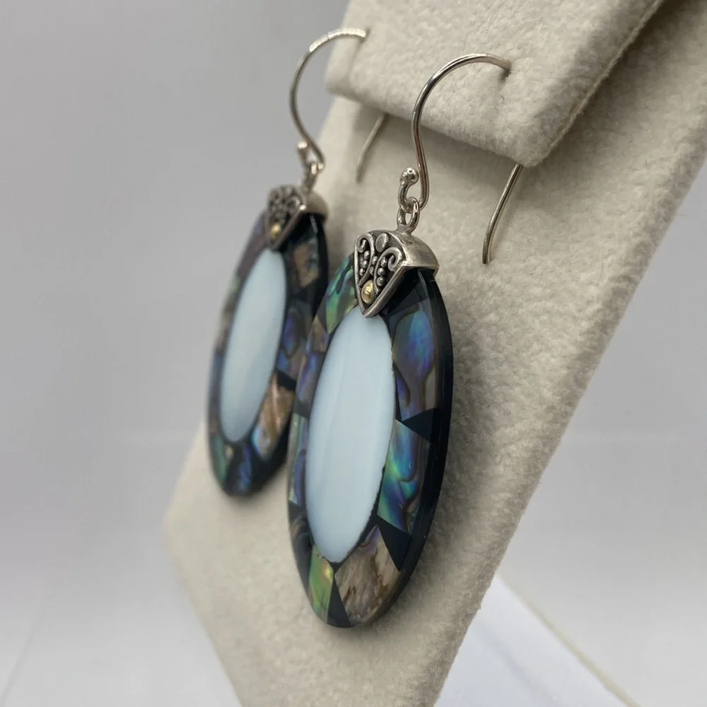 Robert Manse Sterling Silver 18K Abalone Mother of Pearl Earrings 2 1/4”L - Picture 3 of 13